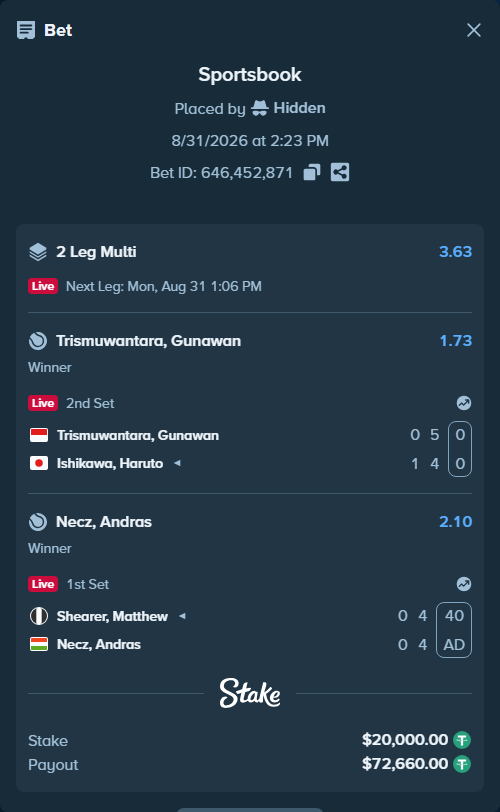 Bet slip: Shearer, Matthew - Necz, Andras, $20,000.00 stake at 2.10 odds, placed by Hidden