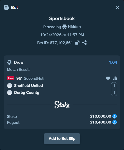 Bet slip: Sheffield United - Derby County, $10,000.00 stake at 1.04 odds, placed by martinesor