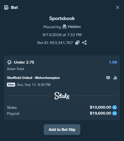 Bet slip: Sheffield United - Wolverhampton, $10,000.00 stake at 1.96 odds, placed by Hidden