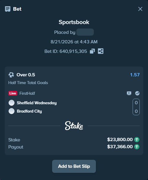 Bet slip: Sheffield Wednesday - Bradford City, $23,800.00 stake at 1.57 odds, placed by Jackpoor