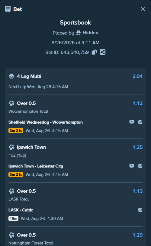 Bet slip: Sheffield Wednesday - Wolverhampton, $10,018.46 stake at 1.12 odds, placed by Hidden