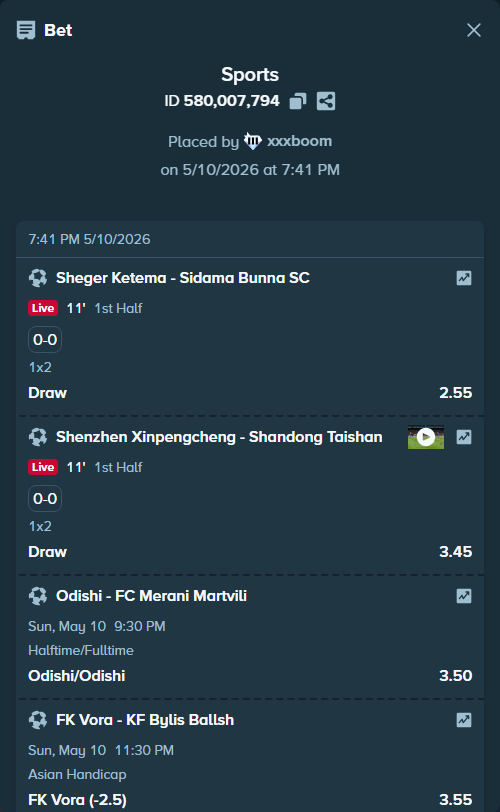 Bet slip: Sheger Ketema - Sidama Bunna SC, $32,329.14 stake at 2.55 odds, placed by xxxboom