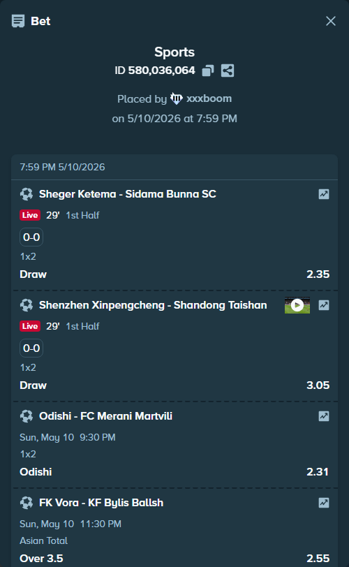 Bet slip: Sheger Ketema - Sidama Bunna SC, $47,176.00 stake at 2.35 odds, placed by xxxboom
