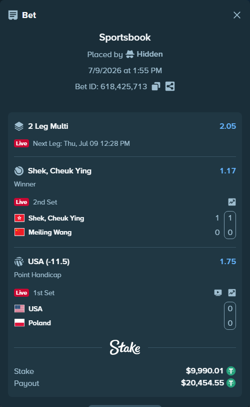 Bet slip: Shek, Cheuk Ying - Meiling Wang, $10,000.00 stake at 1.17 odds, placed by Hidden