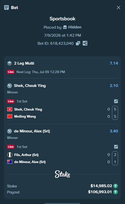 Bet slip: Shek, Cheuk Ying - Meiling Wang, $15,000.00 stake at 2.10 odds, placed by Hidden