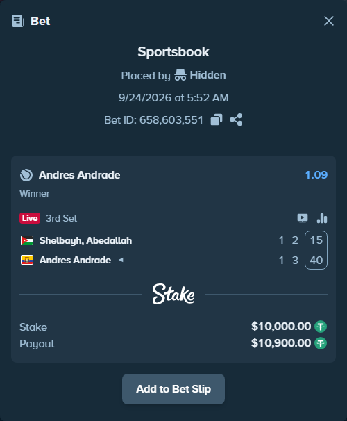 Bet slip: Shelbayh, Abdullah - Andres Andrade, $10,000.00 stake at 1.09 odds, placed by Hidden