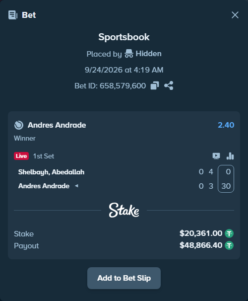Bet slip: Shelbayh, Abdullah - Andres Andrade, $20,361.00 stake at 2.40 odds, placed by Hidden