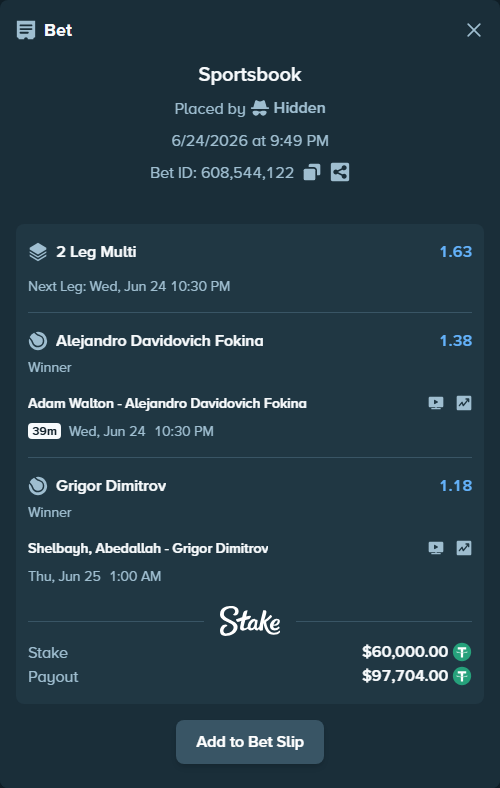 Bet slip: Shelbayh, Abdullah - Grigor Dimitrov, $60,060.00 stake at 1.18 odds, placed by Hidden