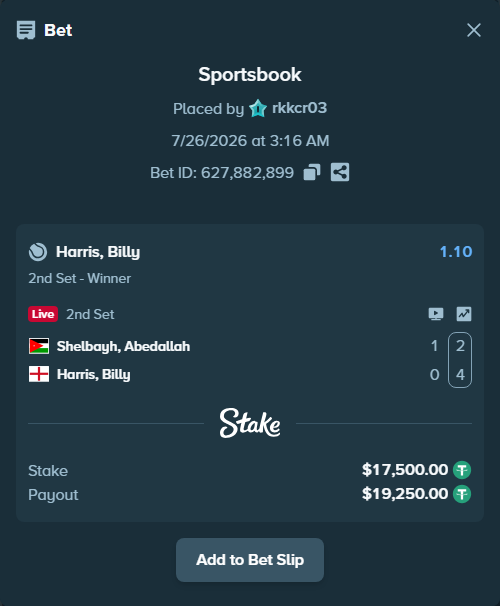 Bet slip: Shelbayh, Abdullah - Harris, Billy, $17,500.00 stake at 1.10 odds, placed by rkkcr03