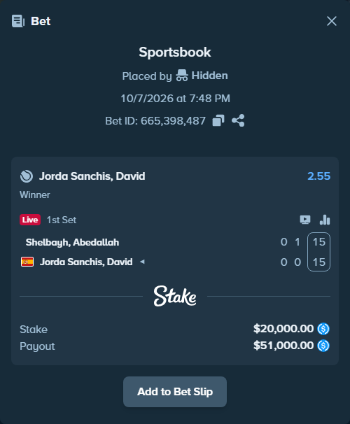 Bet slip: Shelbayh, Abdullah - Jorda Sanchis, David, $20,000.00 stake at 2.55 odds, placed by Hidden