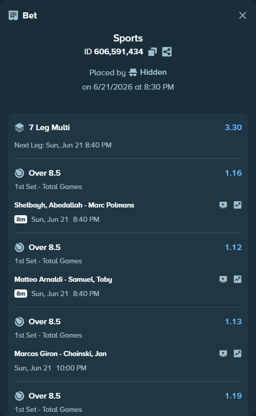 Bet slip: Shelbayh, Abdullah - Marc Polmans, $10,000.00 stake at 1.16 odds, placed by Hidden