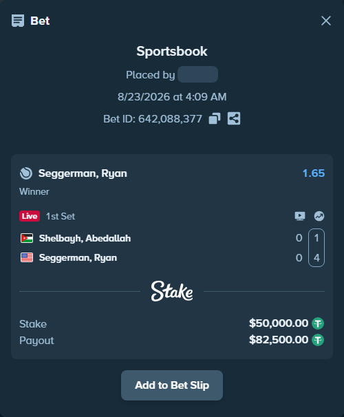 Bet slip: Shelbayh, Abdullah - Seggerman, Ryan, $50,000.00 stake at 1.65 odds, placed by ayoflasher