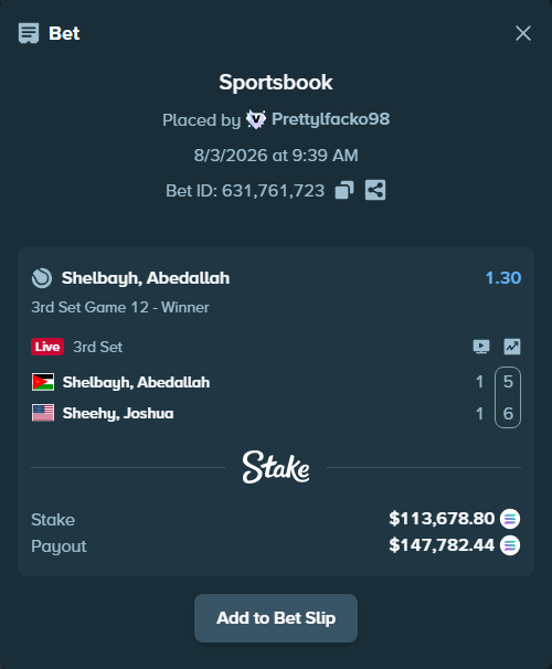 Bet slip: Shelbayh, Abdullah - Sheehy, Joshua, $112,515.34 stake at 1.30 odds, placed by Prettylfacko98