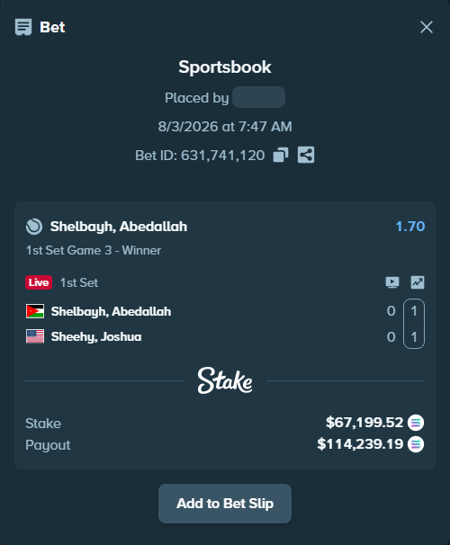 Bet slip: Shelbayh, Abdullah - Sheehy, Joshua, $66,023.42 stake at 1.70 odds, placed by Prettylfacko98