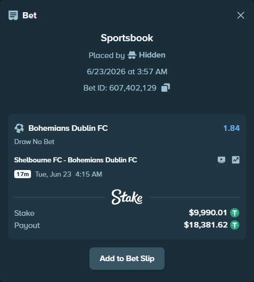 Bet slip: Shelbourne FC - Bohemians Dublin FC, $10,000.00 stake at 1.84 odds, placed by Hidden