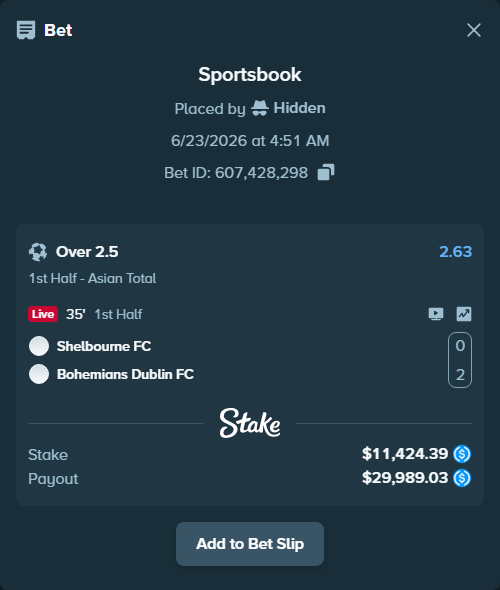Bet slip: Shelbourne FC - Bohemians Dublin FC, $11,424.39 stake at 2.63 odds, placed by Hidden