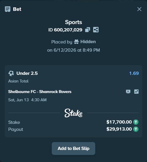 Bet slip: Shelbourne FC - Shamrock Rovers, $17,717.70 stake at 1.69 odds, placed by Hidden