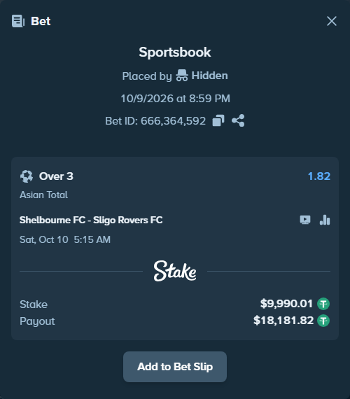 Bet slip: Shelbourne FC - Sligo Rovers FC, $10,000.00 stake at 1.82 odds, placed by Hidden