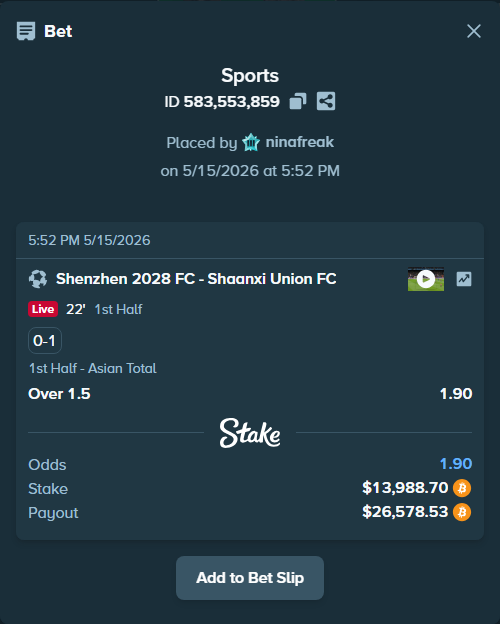 Bet slip: Shenzhen 2028 FC - Shaanxi Union FC, $11,124.89 stake at 1.90 odds, placed by ninafreak