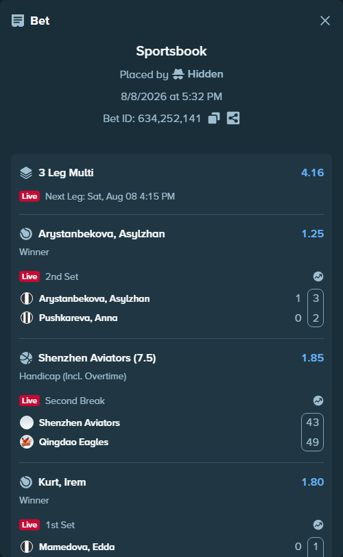Bet slip: Shenzhen Leopards - Qingdao Eagles, $10,000.00 stake at 1.85 odds, placed by Hidden