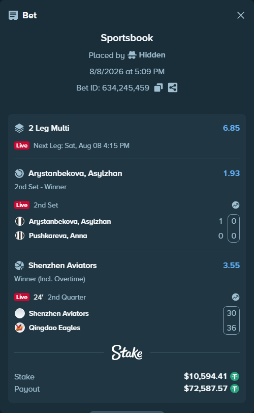 Bet slip: Shenzhen Leopards - Qingdao Eagles, $10,605.00 stake at 3.55 odds, placed by Hidden