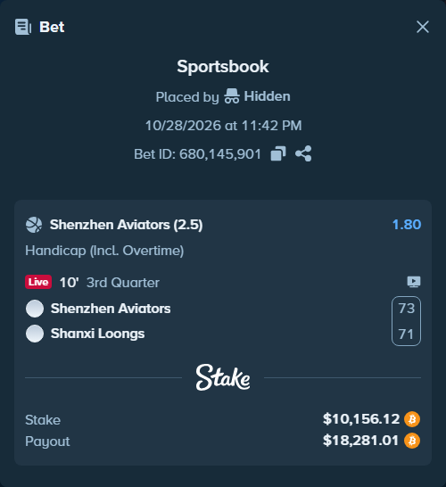 Bet slip: Shenzhen Leopards - Shanxi Loongs, $10,149.04 stake at 1.80 odds, placed by Hidden