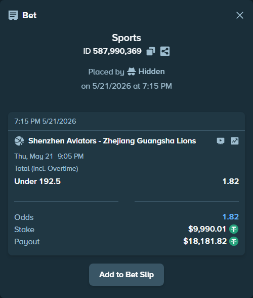 Bet slip: Shenzhen Leopards - Zhejiang Lions, $10,000.00 stake at 1.82 odds, placed by Royrismani777