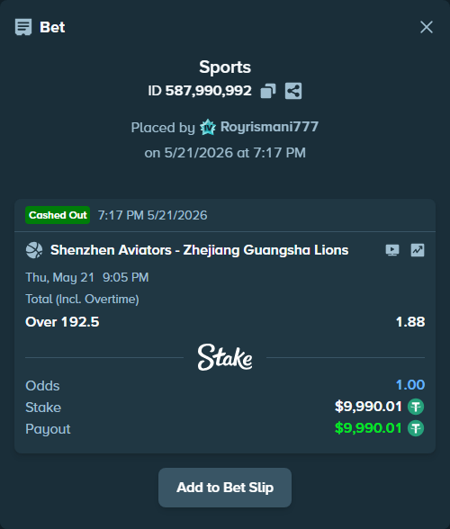 Bet slip: Shenzhen Leopards - Zhejiang Lions, $10,000.00 stake at 1.88 odds, placed by Royrismani777