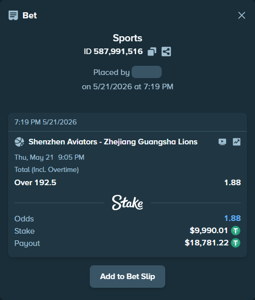 Bet slip: Shenzhen Leopards - Zhejiang Lions, $10,000.00 stake at 1.88 odds, placed by Royrismani777