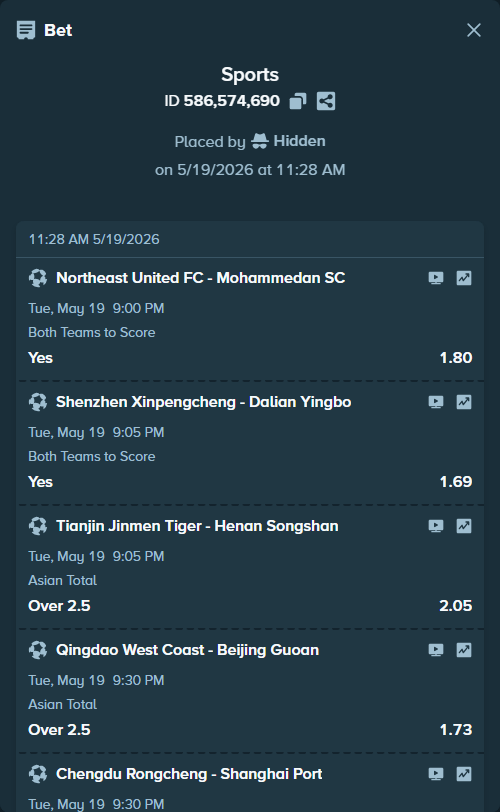 Bet slip: Shenzhen Xinpengcheng - Dalian Yingbo, $10,000.00 stake at 1.69 odds, placed by Hidden