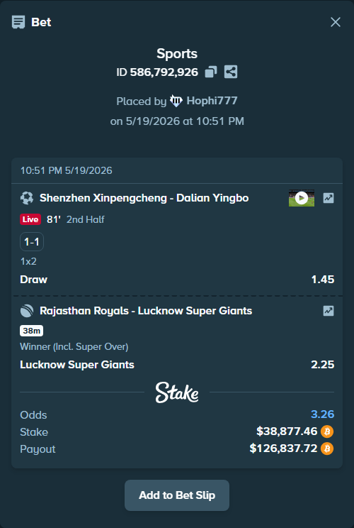 Bet slip: Shenzhen Xinpengcheng - Dalian Yingbo, $32,515.42 stake at 1.45 odds, placed by Hophi777