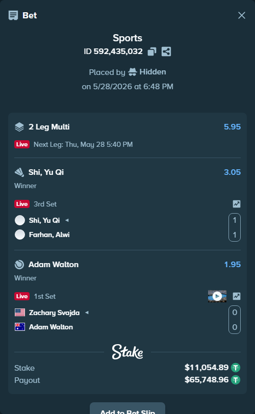 Bet slip: Shi, Yu Qi - Farhan, Alwi, $11,077.00 stake at 3.05 odds, placed by Hidden