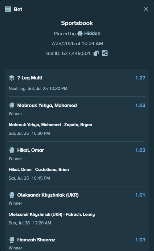 Bet slip: Shields, Claressa - Scott, Kaye, $10,622.50 stake at 1.04 odds, placed by Hidden