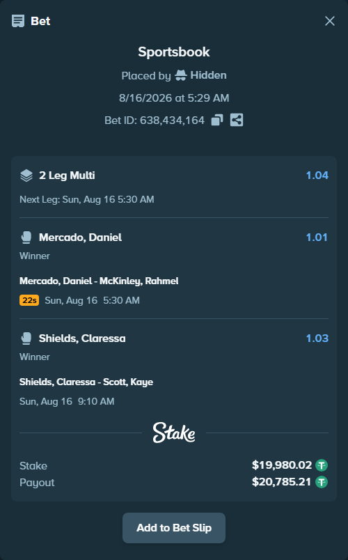 Bet slip: Shields, Claressa - Scott, Kaye, $20,000.00 stake at 1.03 odds, placed by Hidden