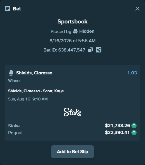 Bet slip: Shields, Claressa - Scott, Kaye, $21,760.00 stake at 1.03 odds, placed by Hidden