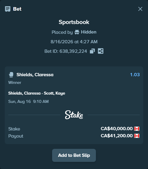 Bet slip: Shields, Claressa - Scott, Kaye, $29,600.00 stake at 1.03 odds, placed by Hidden