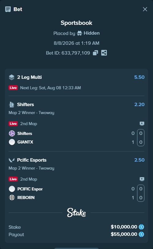 Bet slip: Shifters - GIANTX, $10,000.00 stake at 2.20 odds, placed by Hidden