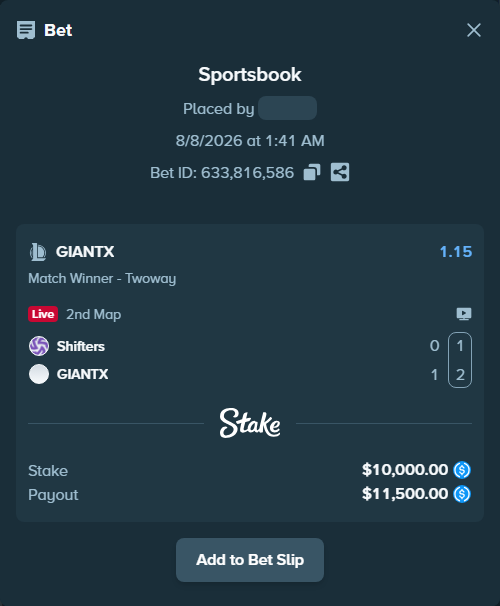 Bet slip: Shifters - GIANTX, $10,000.00 stake at 1.15 odds, placed by kievpanda