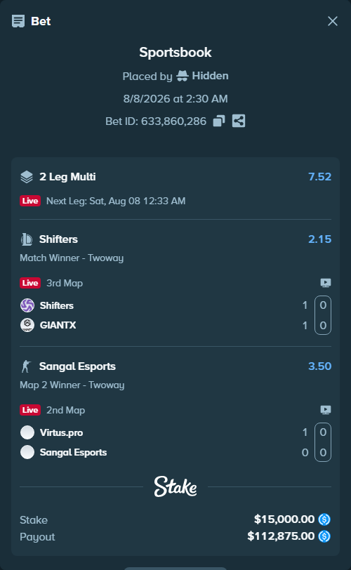 Bet slip: Shifters - GIANTX, $15,000.00 stake at 2.15 odds, placed by Hidden