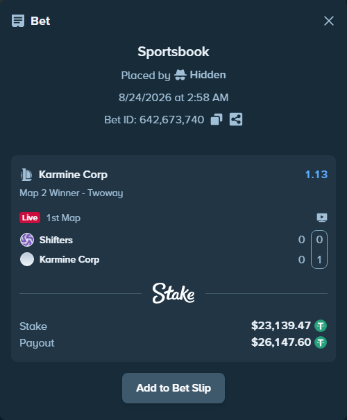 Bet slip: Shifters - Karmine Corp, $23,139.47 stake at 1.13 odds, placed by Hidden