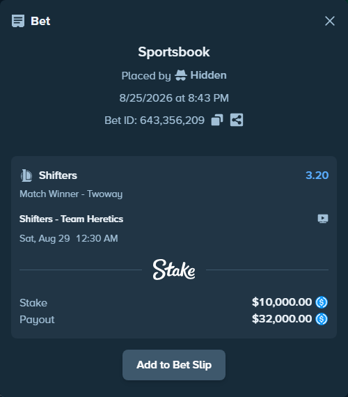 Bet slip: Shifters - Team Heretics, $10,000.00 stake at 3.20 odds, placed by Hidden
