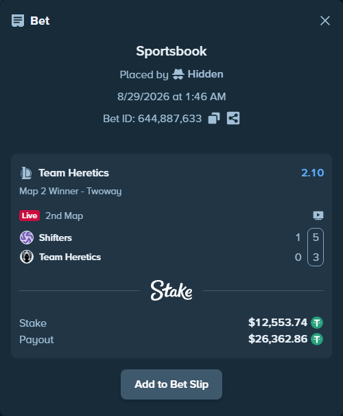 Bet slip: Shifters - Team Heretics, $12,553.74 stake at 2.10 odds, placed by Hidden