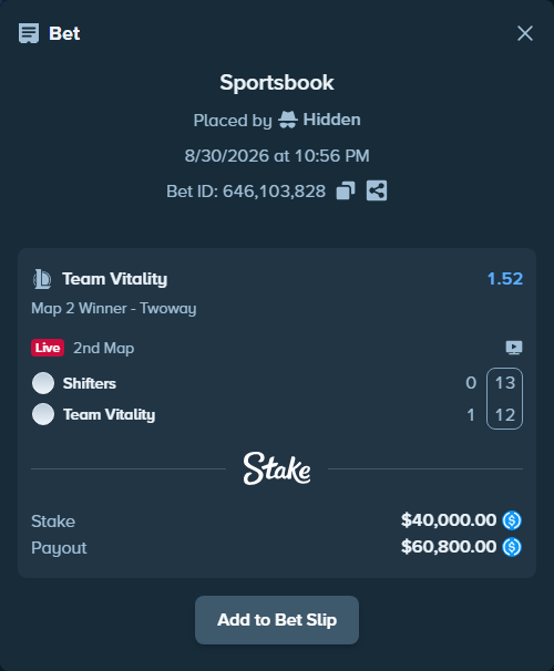 Bet slip: Shifters - Team Vitality, $40,000.00 stake at 1.52 odds, placed by Hidden