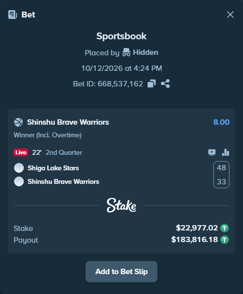 Bet slip: Shiga Lakestars - Shinshu Brave Warriors, $23,000.00 stake at 8.00 odds, placed by Hidden