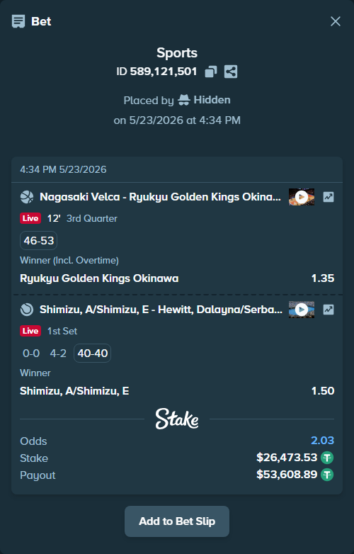 Bet slip: Shimizu, A/Shimizu, E - Hewitt, Dalayna/Serban, Raluca Georgiana, $26,500.00 stake at 1.50 odds, placed by Hidden