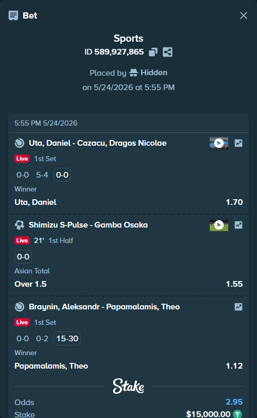 Bet slip: Shimizu S-Pulse - Gamba Osaka, $15,000.00 stake at 1.55 odds, placed by Hidden