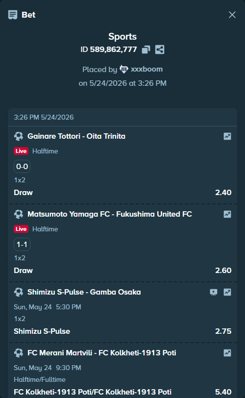 Bet slip: Shimizu S-Pulse - Gamba Osaka, $19,395.33 stake at 2.75 odds, placed by xxxboom