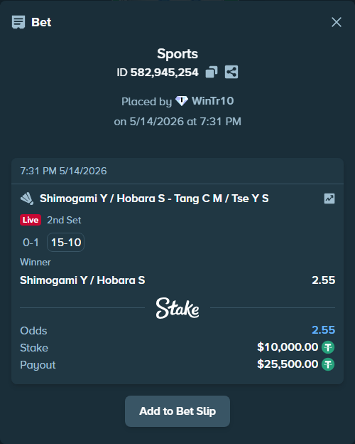 Bet slip: Shimogami Y / Hobara S - Tang C M / Tse Y S, $10,000.00 stake at 2.55 odds, placed by WinTr10