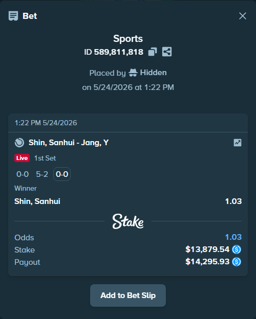 Bet slip: Shin, Sanhui - Jang, Y, $13,879.54 stake at 1.03 odds, placed by Hidden