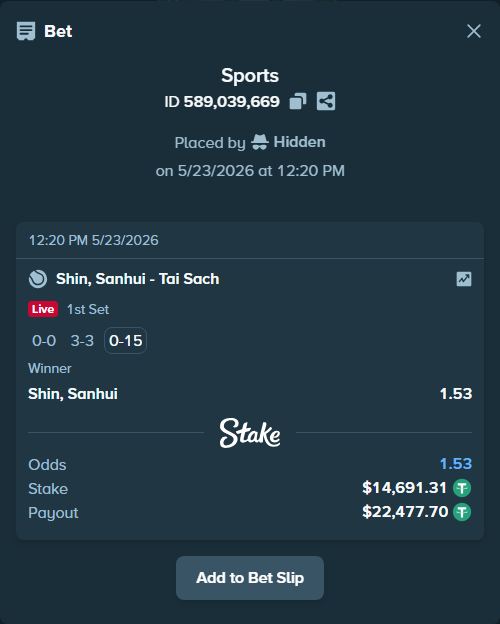 Bet slip: Shin, Sanhui - Tai Sach, $14,706.00 stake at 1.53 odds, placed by Hidden
